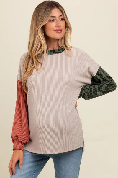PinkBlush Cream Ribbed Colorblock Maternity Side Slit Top
