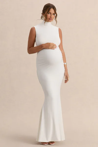 Club L London Saffira | White High-Neck Maternity Maxi Dress With Draped Detailing