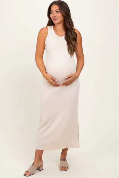 PinkBlush Cream Jacquard Sleeveless Side Slit Maternity Midi Dress