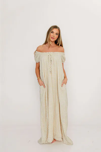 Worth Collective Ensley 100% Cotton Maxi Dress in Green Haze Plaid - Bump Friendly