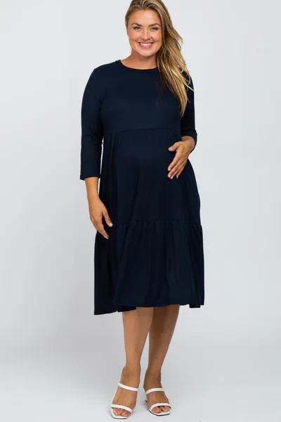 PinkBlush Navy Tiered Ribbed 3/4 Sleeve Plus Maternity Midi Dress