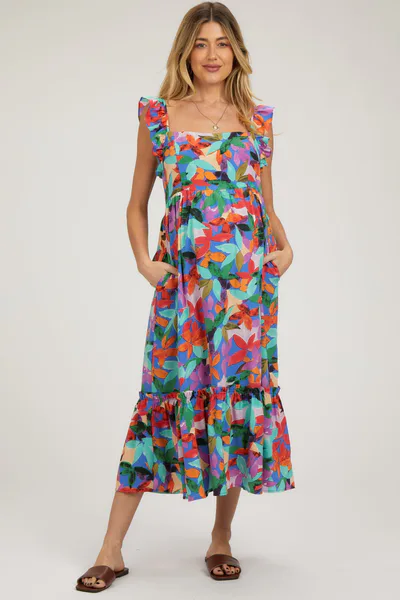 PinkBlush Blue Floral Satin Square Neck Ruffle Strap Maternity Midi Dress