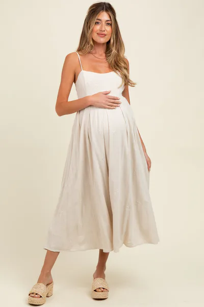 PinkBlush Beige Linen Ribbon Pattern Embroidered Maternity Midi Dress