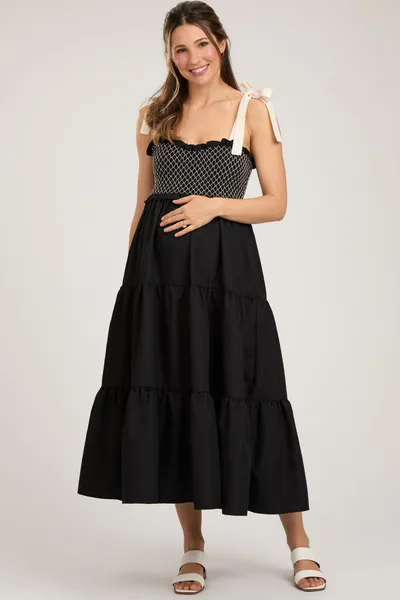 PinkBlush Black Sleeveless Tiered Colorblock Strap Maternity Maxi Dress