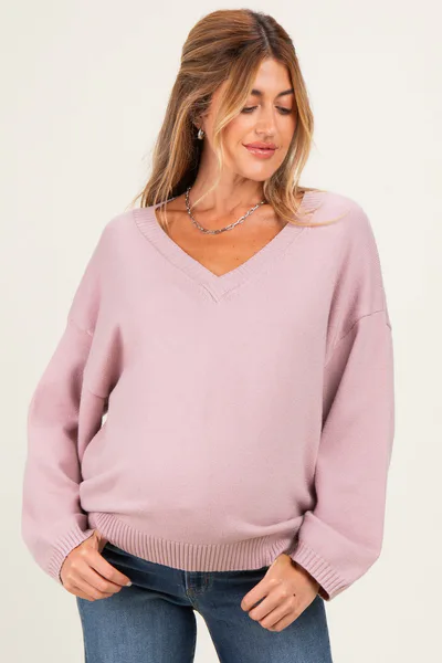 PinkBlush Dusty Pink V-Neck Drop Shoulder Maternity Sweater