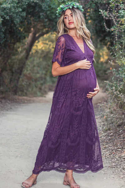 PinkBlush PinkBlush Plum Lace Mesh Overlay Maternity Maxi Dress