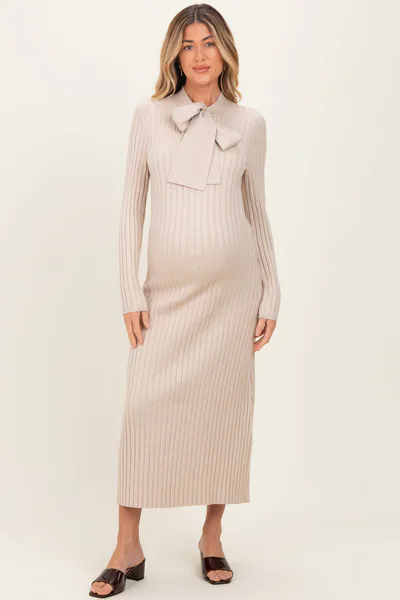 PinkBlush Beige Neck Tie Sweater Maternity Dress