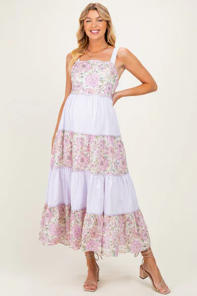 PinkBlush Lavender Multi Floral Tiered Sleeveless Maternity Midi Dress