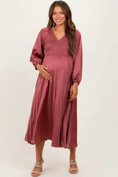 PinkBlush Mauve Satin Smocked Pleated Maternity Midi Dress