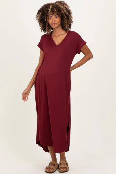 PinkBlush Dark Wine Side Slit Maternity Maxi Dress