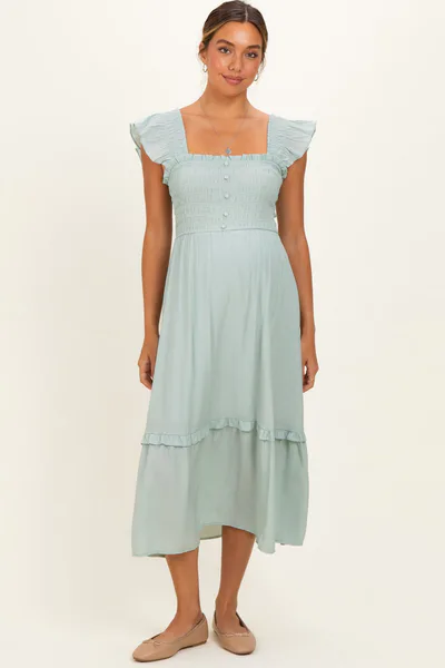 PinkBlush Light Blue Button Accent Smocked Ruffle Maternity Midi Dress