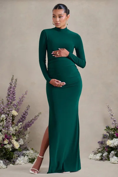 Club L London Alejandra | Green Maternity Long Sleeve High Neck Maxi Dress