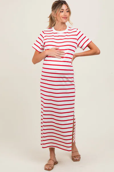 PinkBlush Red Striped Side Slit Maternity Maxi Dress