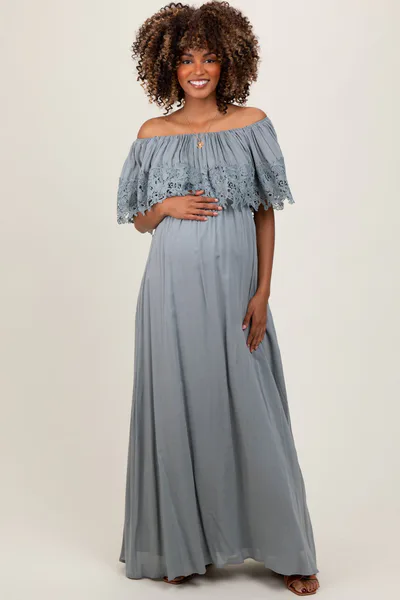 PinkBlush Sage Lace Off Shoulder Maternity Maxi Dress