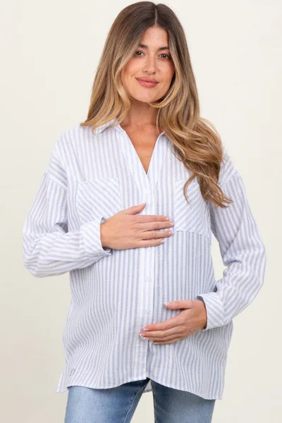 PinkBlush Blue Striped Double Pocket Maternity Button Down Top