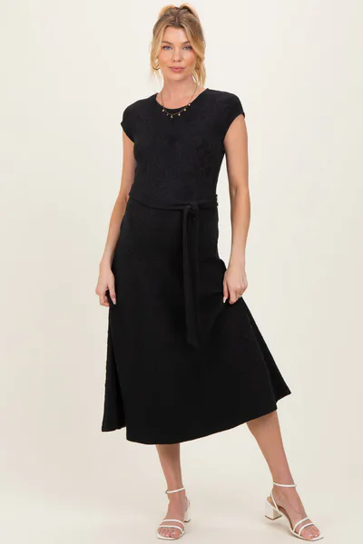 PinkBlush Black Jacquard Waist Tie Maternity Midi Dress