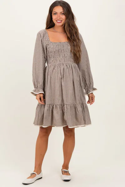PinkBlush Beige Vintage Checked Plaid Square-Neck Maternity Dress