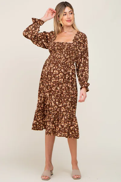 PinkBlush Brown Floral Smocked Long Sleeve Maternity Midi Dress