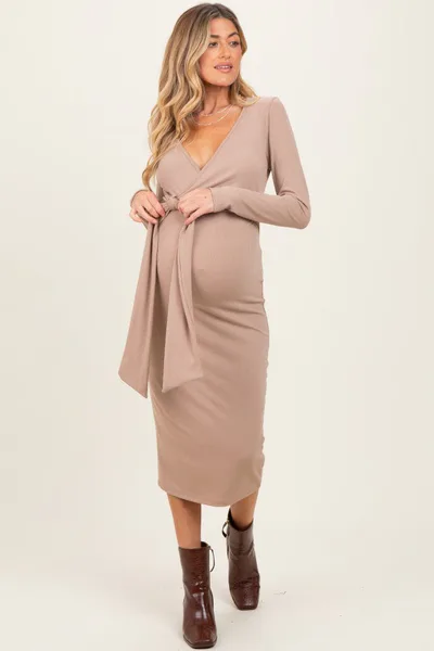 PinkBlush Taupe Ribbed Long Sleeve Maternity Wrap Dress