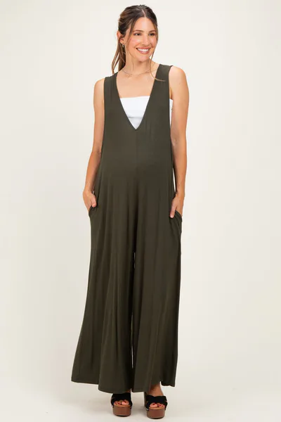 PinkBlush Dark Olive Deep V Sleeveless Wide Leg Maternity Jumpsuit