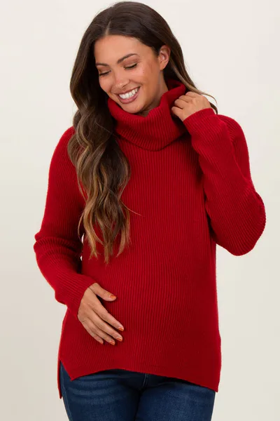 PinkBlush Burgundy Basic Ribbed Turtle Neck Maternity Sweater
