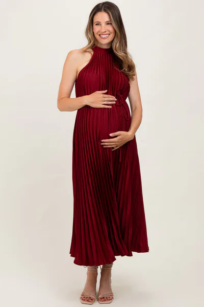 PinkBlush Burgundy Pleated Maternity Halter Dress