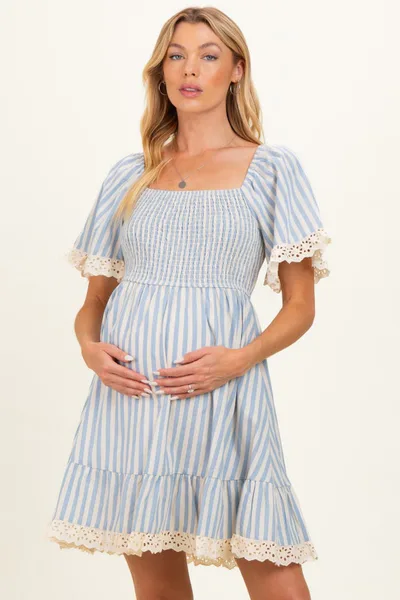 PinkBlush Light Blue Striped Smocked Lace Trim Maternity Dress