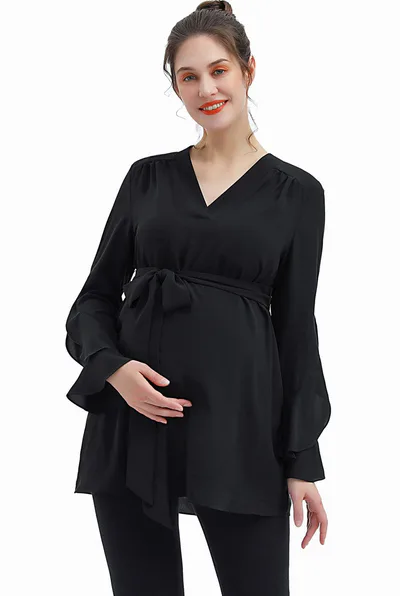 Kimi + Kai Kimi + Kai Maternity "Kay" V-Neck Belted Blouse