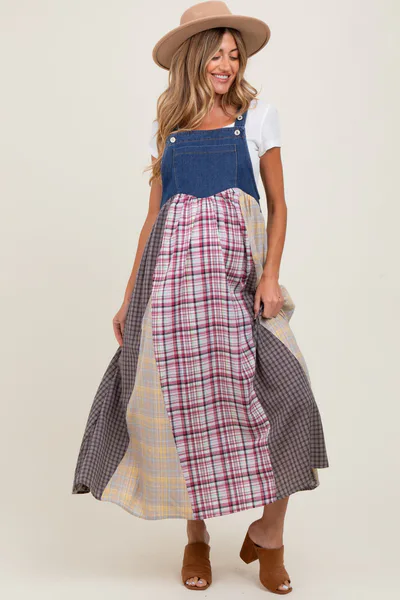 PinkBlush Multicolor Plaid Colorblock Denim Overall Maternity Dress