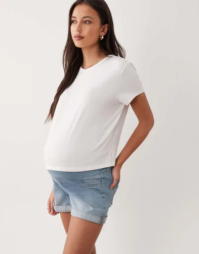 ASOS denim comfort mom shorts in mid blue