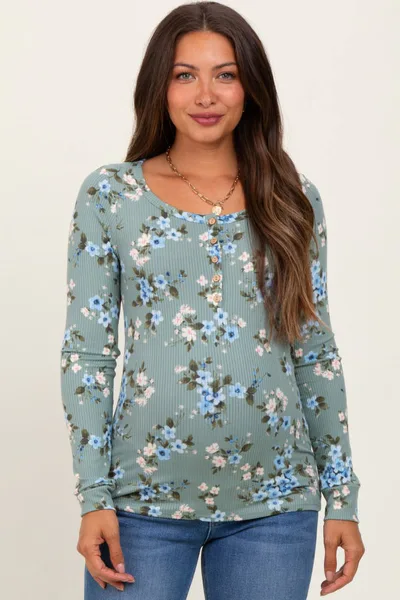 PinkBlush Light Olive Floral Ribbed Maternity Henley Top