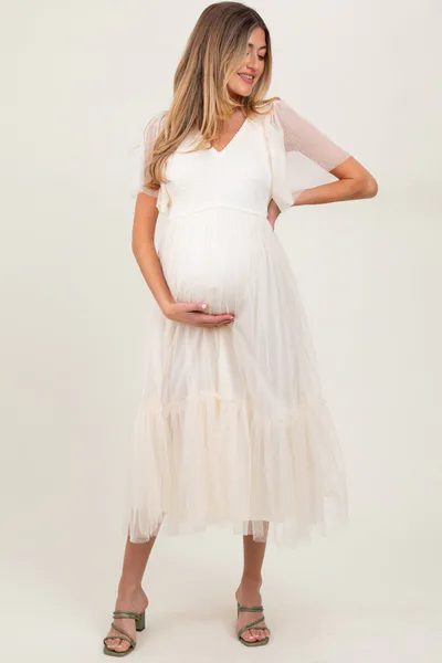 PinkBlush Beige Dotted Tulle Smocked Maternity Midi Dress