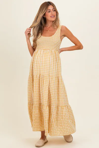PinkBlush Yellow Gingham Sleeveless Tiered Maternity Maxi Dress