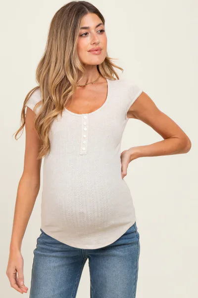 PinkBlush Beige Jacquard Button Front Maternity Short Sleeve Top