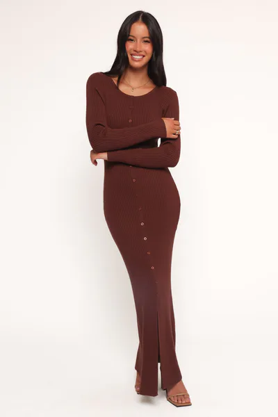 Petal & Pup Marshall Button Through Knit Maxi Dress - Chocolate