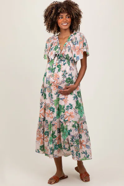PinkBlush Light Pink Floral Print Woven Maternity Midi Dress