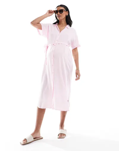 ASOS Vero Moda Maternity shirt midi dress with tie belt in pink