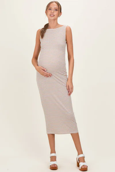 PinkBlush Mocha Striped Boat Neck Sleeveless Maternity Midi Dress