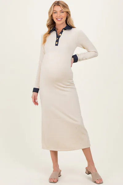 PinkBlush Cream Denim Trim Maternity Knit Dress