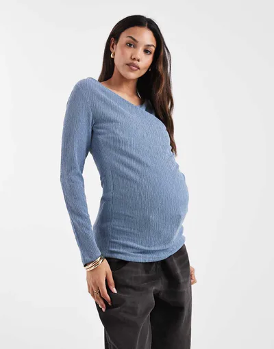 ASOS Mamalicious Maternity textured jersey wrap front nursing friendly top in soft blue