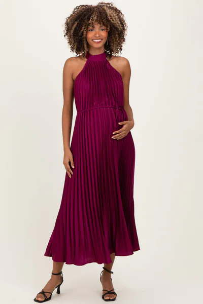 PinkBlush Magenta Pleated Maternity Halter Dress