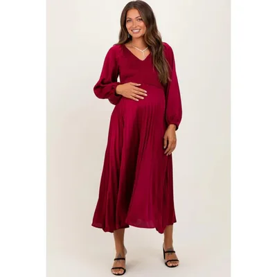 Target Pinkblush Burgundy Satin Smocked Pleated Maternity Midi Dress Small