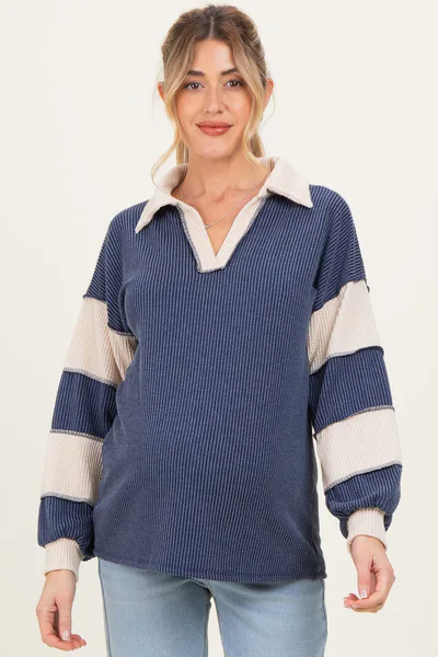 PinkBlush Navy Long Sleeve Collar Solid Contrast Maternity Top