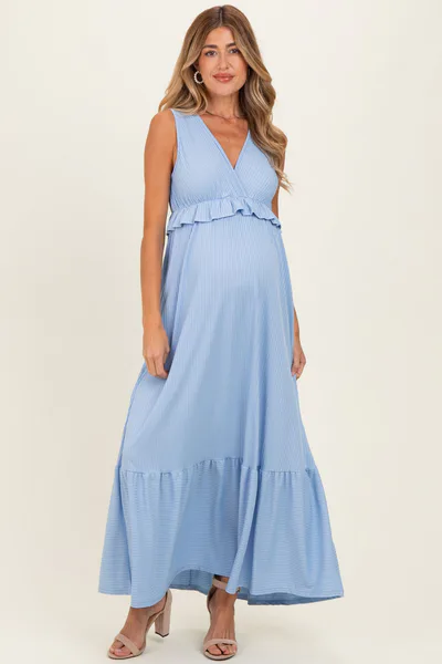 PinkBlush Light Blue Ribbed Sleeveless V-Neck Ruffle Tiered Maternity Maxi Dress