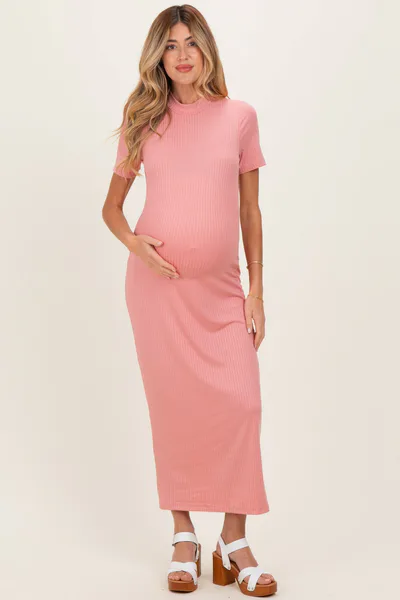 PinkBlush Pink Ribbed Mock Neck Short Sleeve Maternity Midi Dress