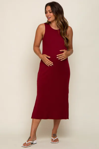 PinkBlush Burgundy Basic Ribbed Side Slit Maternity Midi Dress