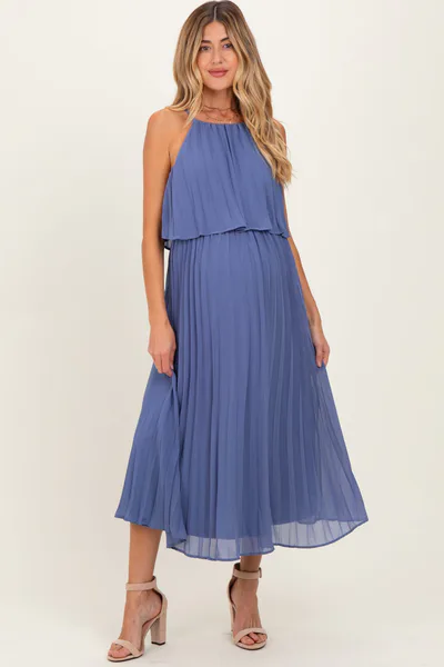PinkBlush Light Navy Pleated Woven Maternity Midi Dress