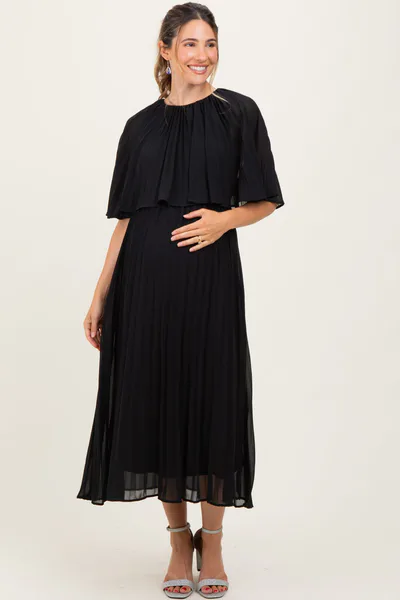 PinkBlush Black Pleated Cape Maternity Midi Dress