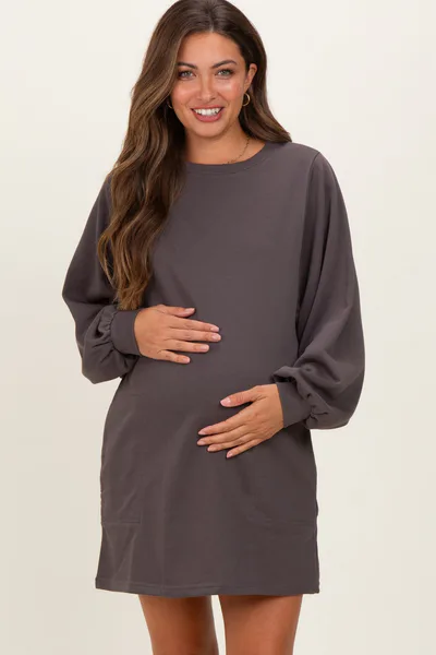 PinkBlush Charcoal Bubble Sleeve Maternity Sweatshirt Mini Dress