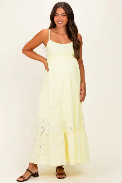 PinkBlush Yellow Eyelet Lace Sleeveless Ruffle Hem Maternity Maxi Dress